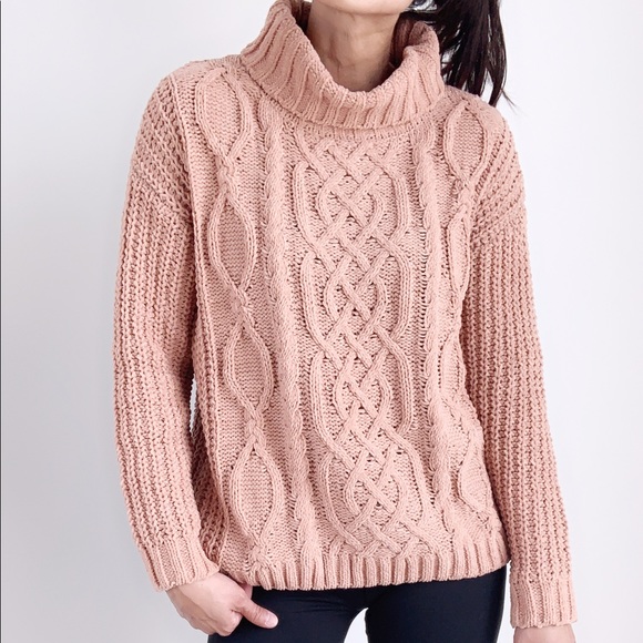 CHUNKY CABLE KNIT TURTLENECK SWEATER - NUDE PINK - Picture 7 of 9